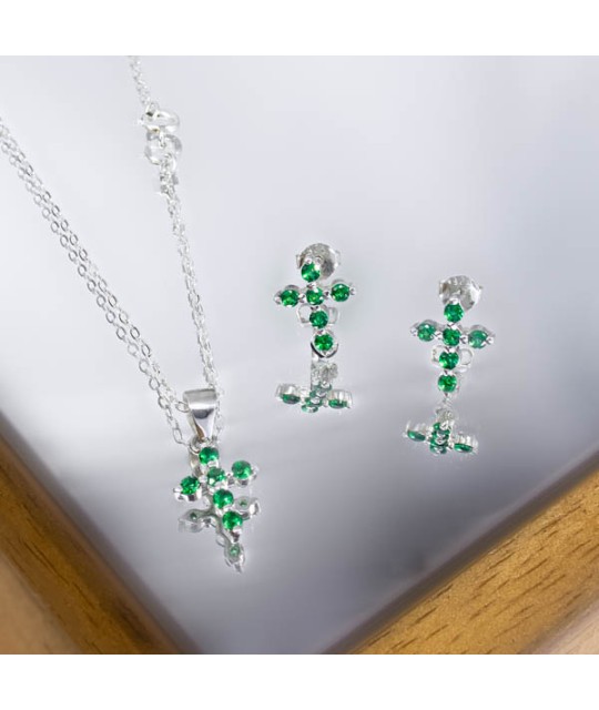 Juego cruces verdes plata 925