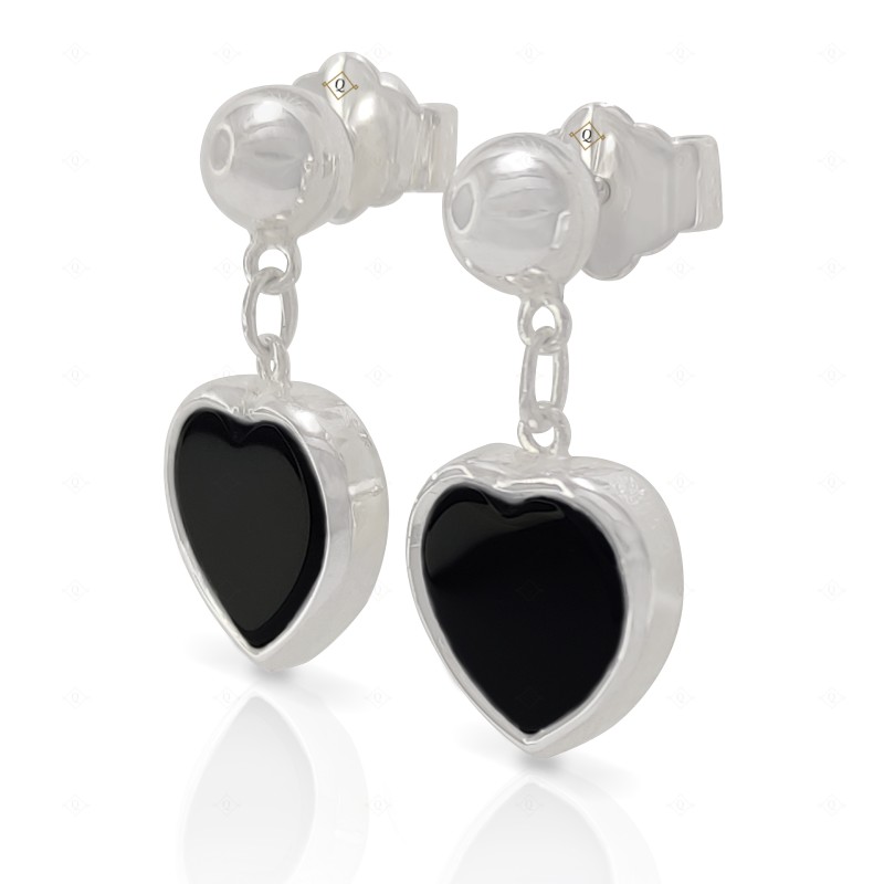 Aretes corazón onix y bola plata 925